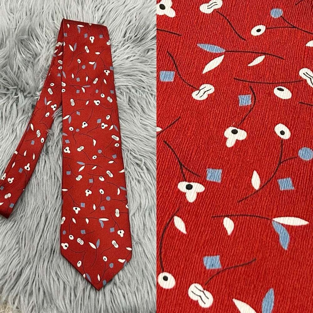 Vintage Structure Red Mens Floral Neck Tie‎ 100% Silk Made In USA